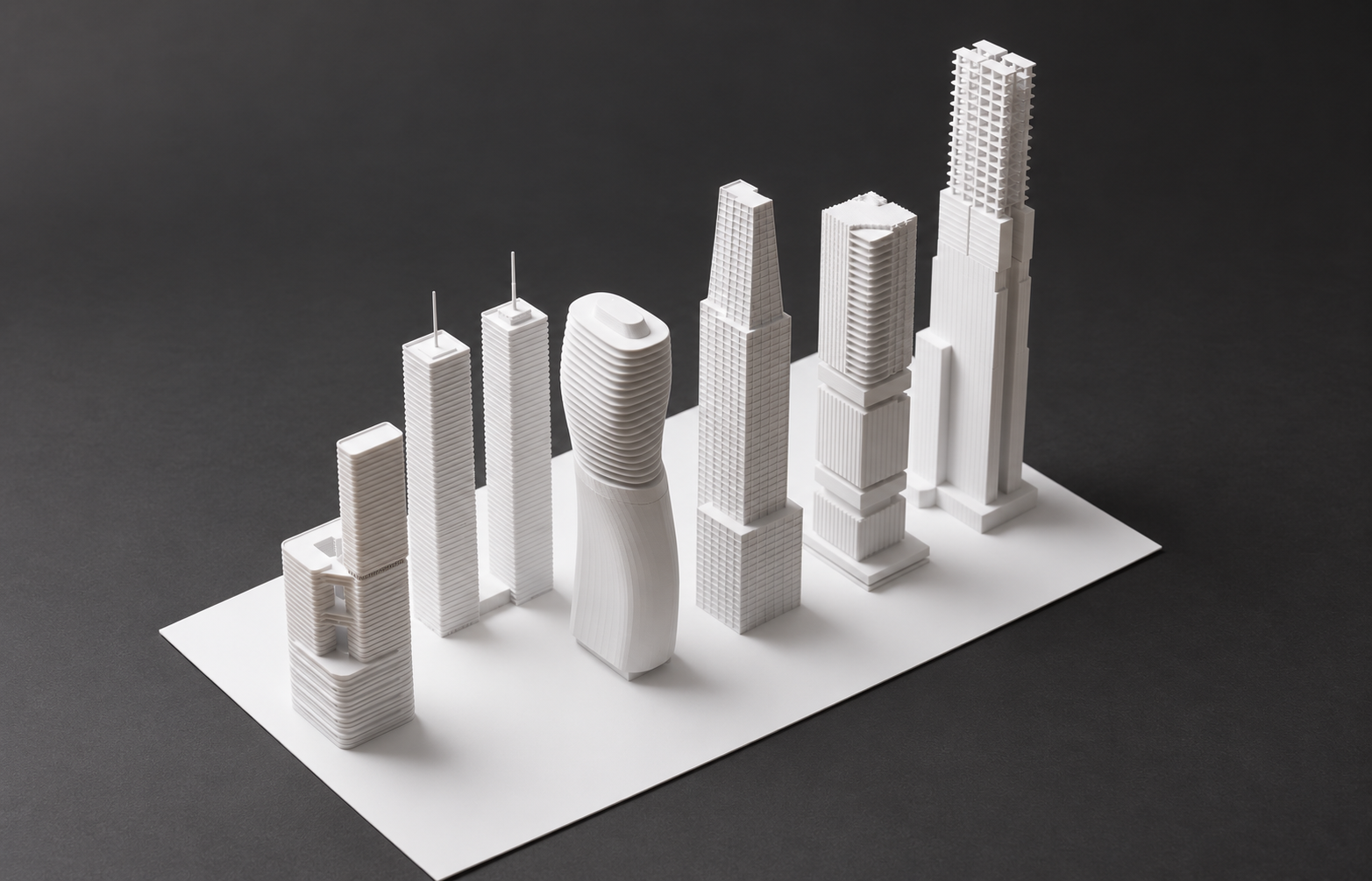 Lineup of varied white tower forms on a rectangular plinth